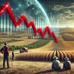 La imagen muestra una gráfica descendente en rojo sobre campos de trigo, maíz y soja, con agricultores observando con preocupación.